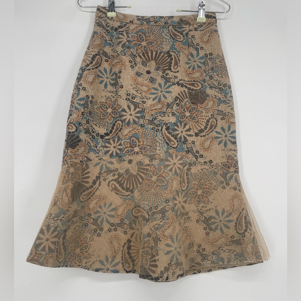 Y2K Tapestry Mesh Overlay Mid Length Trumpet Skirt XS Boho Paisley Fairy Grunge